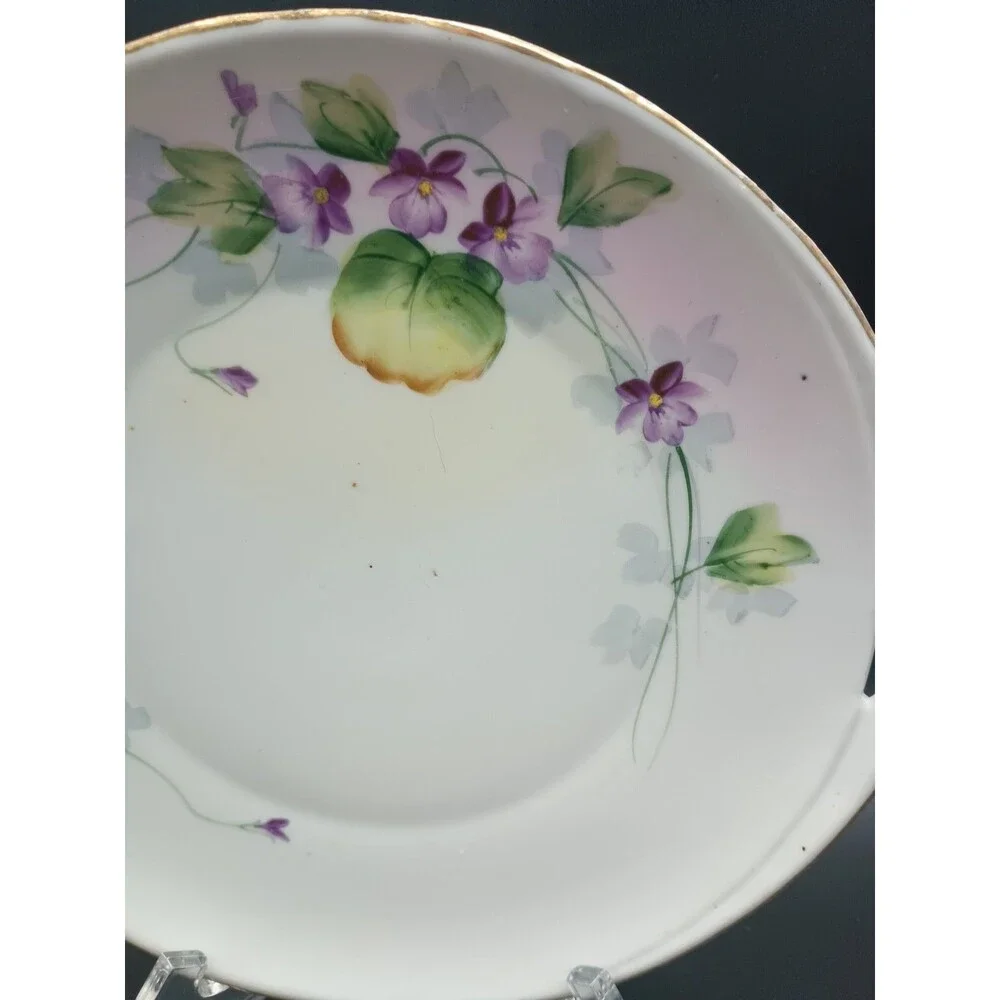 VTG Nippon Hand Painted Cake Plate with Handles Purple Violets Flowers Gold Rim